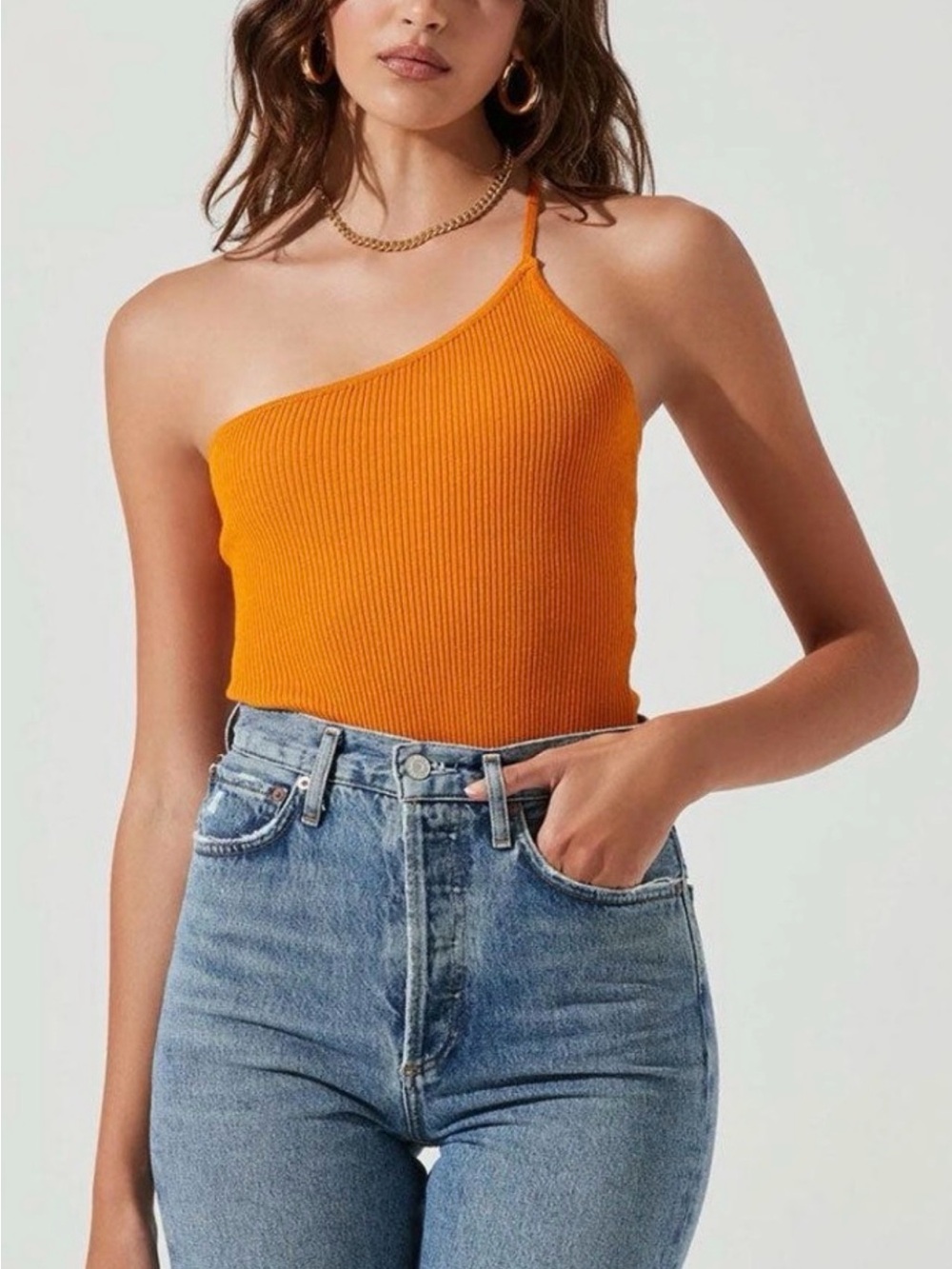 Astr Asymmetric One-Shoulder Ribbed Tank Top - Orange